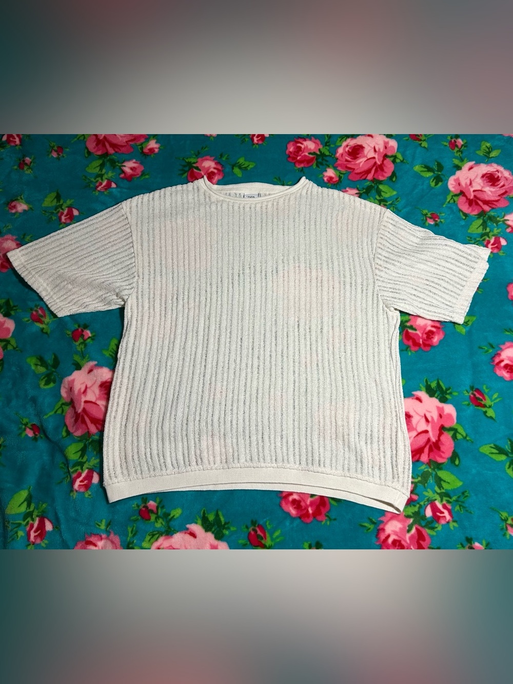 Zara Cream Ribbed Short-Sleeve Crewneck Sweater